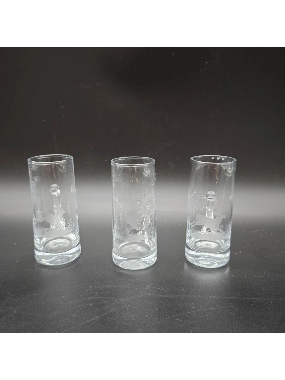 Vintage European Hand Engraved Schnapps Shot Glasses Wildlife Alpine Hunting Set